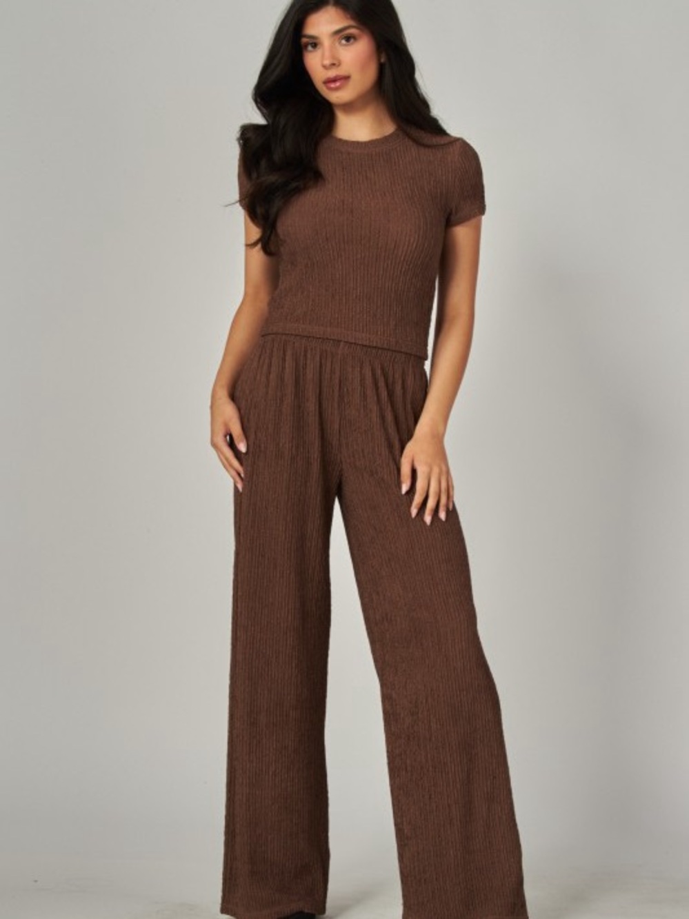 Ribbed Wide-Leg Jumpsuit in Chocolate Brown